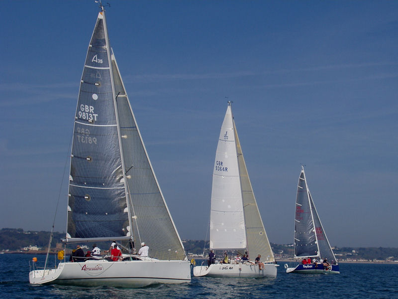 Abracadabra, Jai Ho & Toybox starting during the RCIYC Connex Spring Regatta 2011 photo copyright Bill Harris taken at Royal Channel Islands Yacht Club and featuring the IRC class