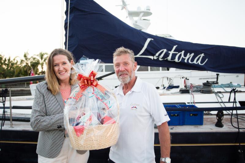 Patricia Maher, Chief Executive Officer at Grenada Tourism Authority was on the dockside to present Latona with a basket of lovely Grenadian goodies - photo © RORC / Arthur Daniel