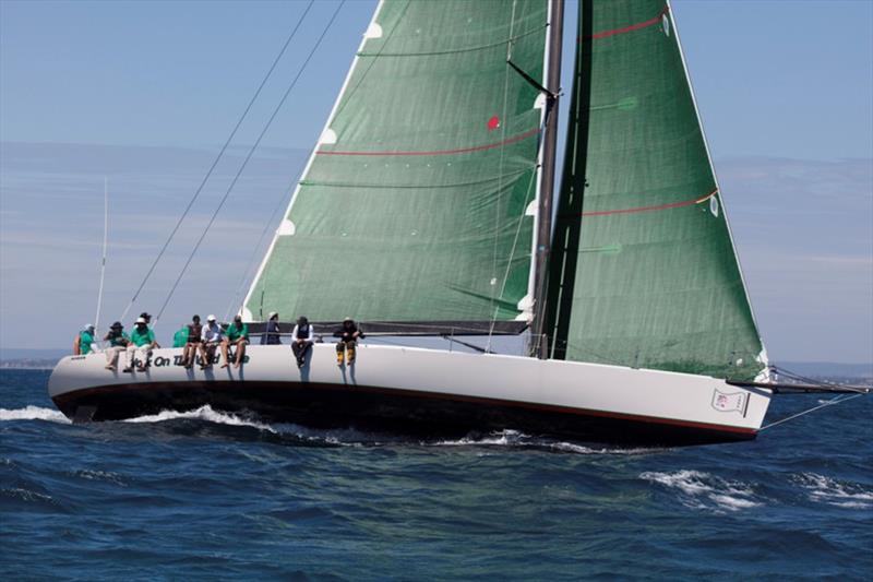 An eventful day for the big Inglis 58. Moments after this her headsail halyard failed – Three Ports Offshore Race photo copyright Bernie Kaaks taken at Fremantle Sailing Club and featuring the IRC class