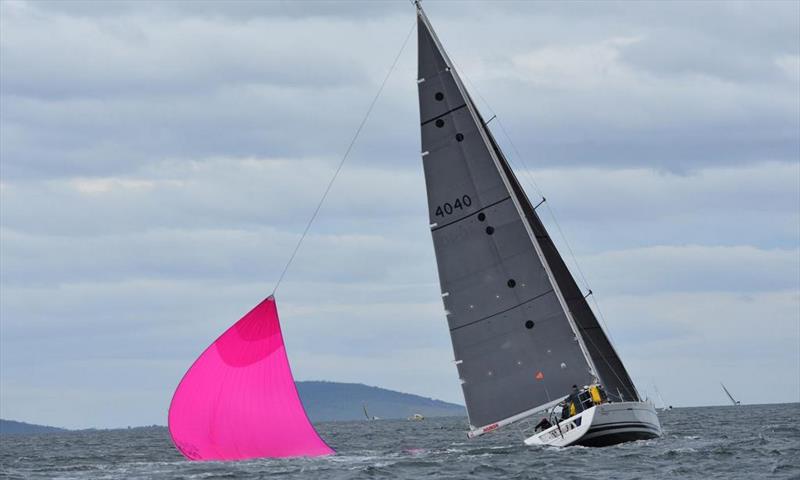 The Protagonist trawls her famous pink spinnaker. It was recovered without damage - 2018 Crown Series Bellerive Regatta photo copyright Jane Austin taken at Bellerive Yacht Club and featuring the IRC class