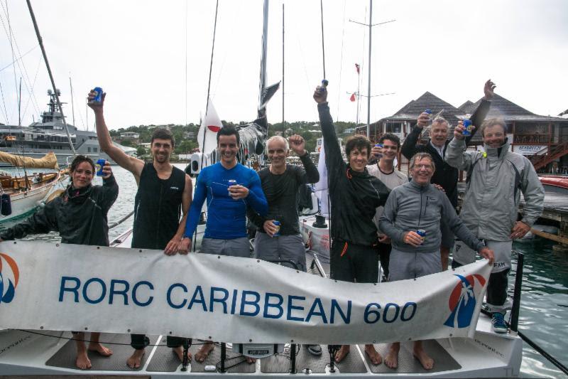 A jubilant crew on Albator on arrival in Antigua after completing the race - 2018 RORC Caribbean 600 - photo © RORC / Mags Hudgell