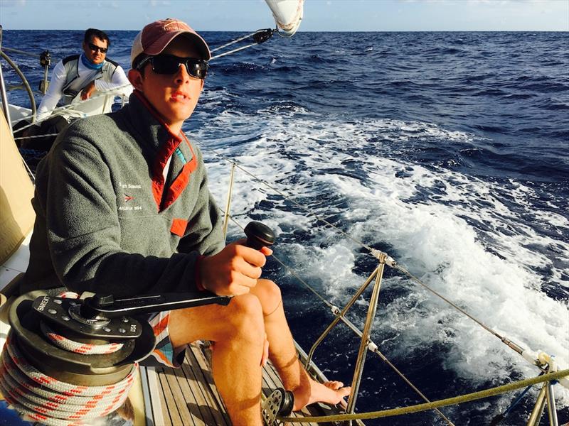 Gray Benson trims the sheet aboard Aura, a Swan 44, in the 2016 race photo copyright Chris Museler taken at Cruising Club of America and featuring the IRC class