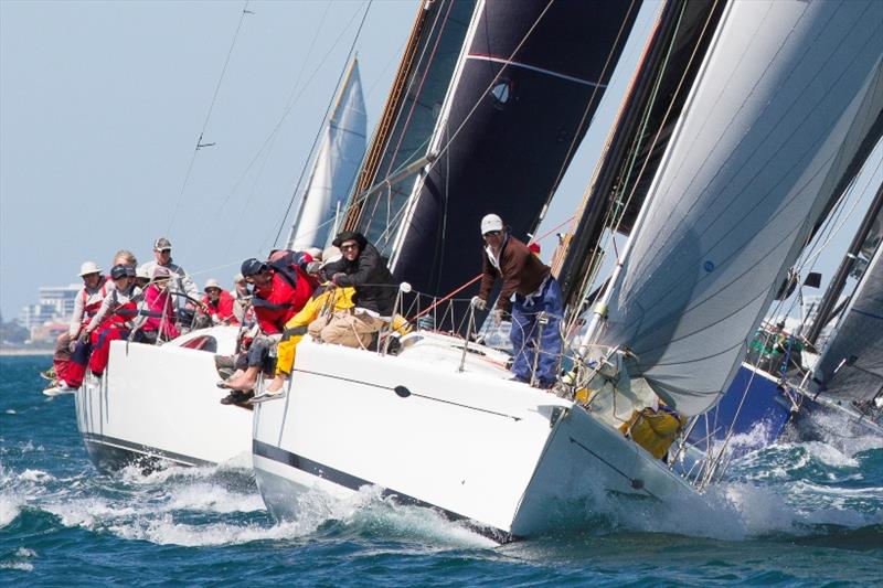 Mike Giles' Endorfin being monstered by Argo and Weapon of Choice in the return race photo copyright Bernie Kaaks taken at Mandurah Offshore Fishing and Sailing Club and featuring the IRC class