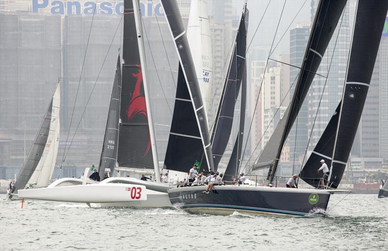 MOD70 and Beau Geste on the line. Rolex China Sea Race 2018 photo copyright photo RHKYC / Guy Nowell taken at Royal Hong Kong Yacht Club and featuring the IRC class