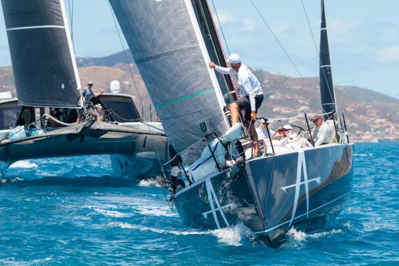 Action stations: HH66 Nala racing in the Offshore Multihull class and J121 Apollo in CSA Racing 1 - 2018 BVI Spring Regatta - photo © Alastair Abrehart