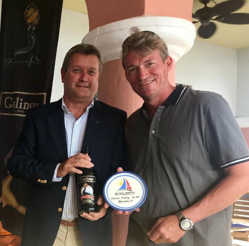 Royal Bermuda Yacht Club Commodore Jonathan Corless makes the presentation to the overall winner of the 2018 Antigua Bermuda Race - Varuna IV, Jens Kellinghusen's German Ker 56, Norddeutscher Regatta Verein - photo © Louay Habib