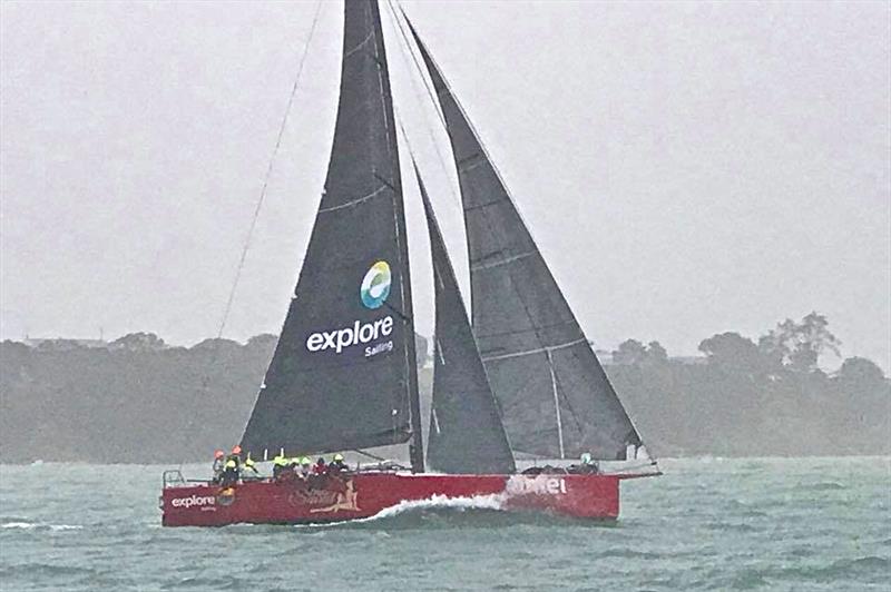 Miss Scarlett heads out of the Waitemata in heavy rain and strong northerly winds at the start of the Auckland Noumea Race photo copyright RAYC taken at Royal Akarana Yacht Club and featuring the IRC class