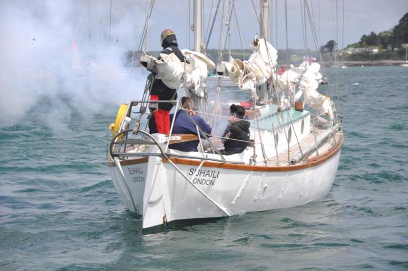 Sir Robin Knox-Johnston fires the start canon from SUHAILI to set the 2018 Golden Globe Race fleet off to Les Sables d'Olonne photo copyright Bill Rowntree / PPL / GGR taken at  and featuring the IRC class