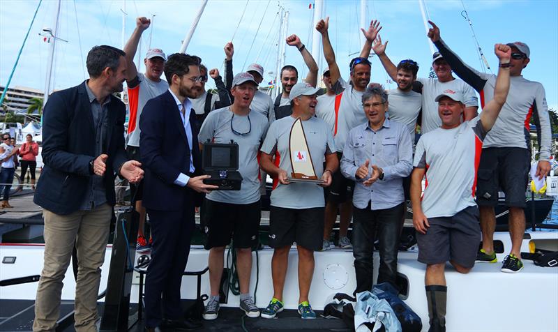 Line honours winning crew Miss Scarlet with the trophy - New Caledonia Groupama Race 2018 photo copyright Eye Sky taken at Cercle Nautique Calédonien and featuring the IRC class
