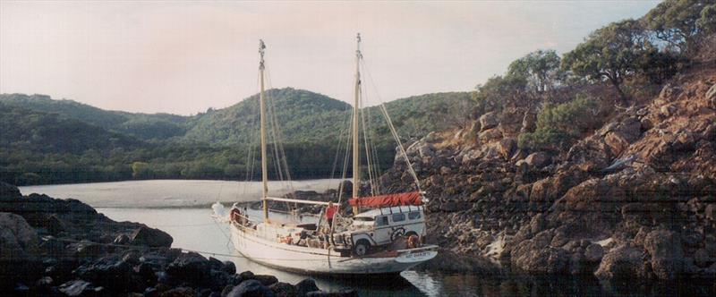 Ruby Charlotte delivers a Land Rover to Middle Percy Island soon after Jon & Liz Hickling bought the vessel in 1991 photo copyright John Hickling taken at Hamilton Island Yacht Club and featuring the IRC class