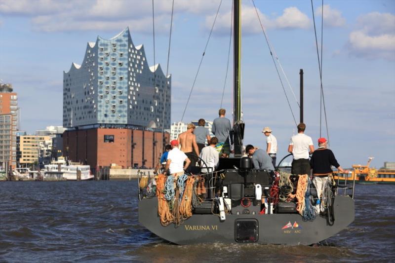 Varuna VI approaching the AAR Race Village in Hamburg's HafenCity, in front of the iconic Elbphilharmonie - Bermuda Hamburg Race of the Atlantic Anniversary Regatta 2018 - photo © Michael Meyer / AAR