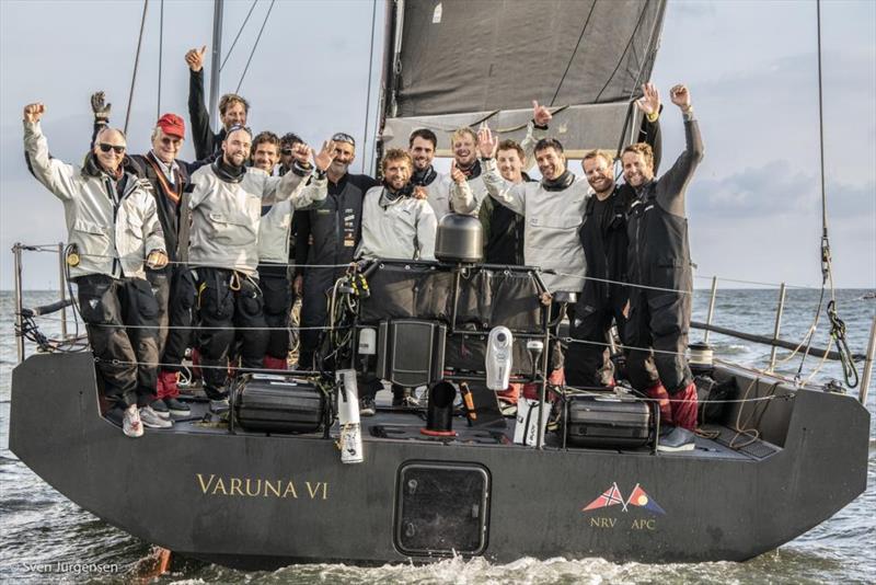 Varuna VI celebrating at the German Finish Line - Bermuda Hamburg Race of the Atlantic Anniversary Regatta 2018 photo copyright Sven Jürgensen / AAR taken at Yacht Club Costa Smeralda and featuring the IRC class