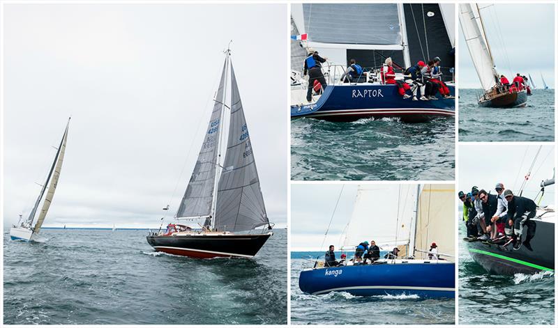 Clockwise from left: Venona Trophy and Doublehanded class winner Yankee Girl (right), PHRF B winner Raptor, Classic winner Blackfish, PHRF A winner Wicked 2.0, and PHRF C winner Kanga at the 2018 'Round-the-Island Race, part of Edgartown Race Weekend - photo © Cate Brown