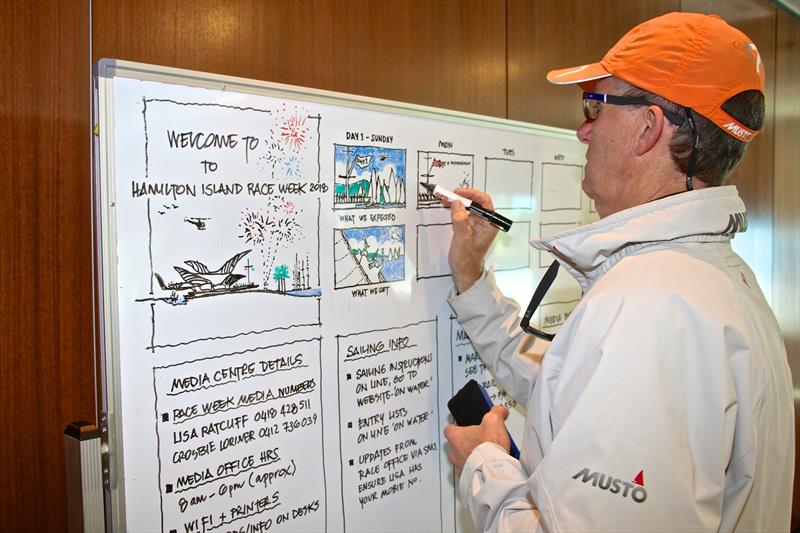 Crosbie Lorimer updates the media centre notice board with a picture of the day - following the postponement photo copyright Richard Gladwell taken at Hamilton Island Yacht Club and featuring the IRC class