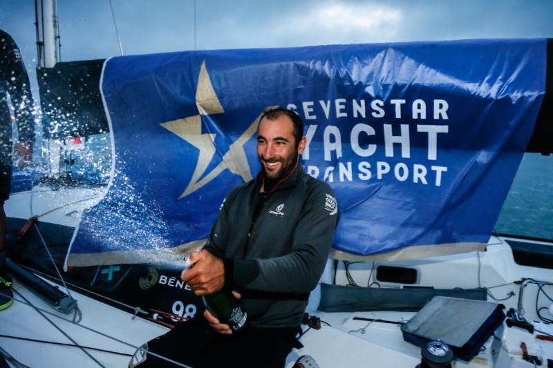 Champagne celebrations dockside as the sun rises in Cowes after Figaro 2 El Velosolex SL Energies Group's two handed success in the Sevenstar Round Britain and Ireland Race - photo © Paul Wyeth / RORC