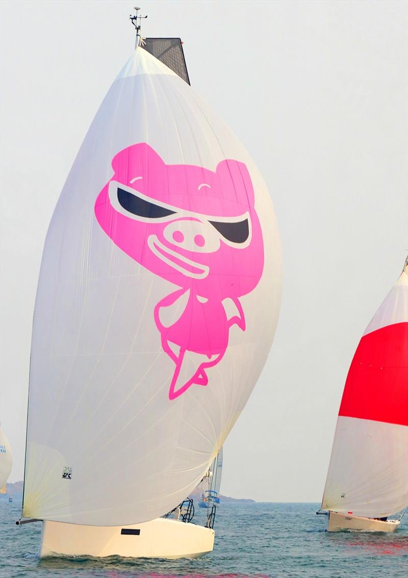 No mistaking Lazy Piggy's colourful kite – UK Sailmakers Typhoon Series , Race 9 photo copyright Fragrant Harbour taken at Hebe Haven Yacht Club and featuring the IRC class