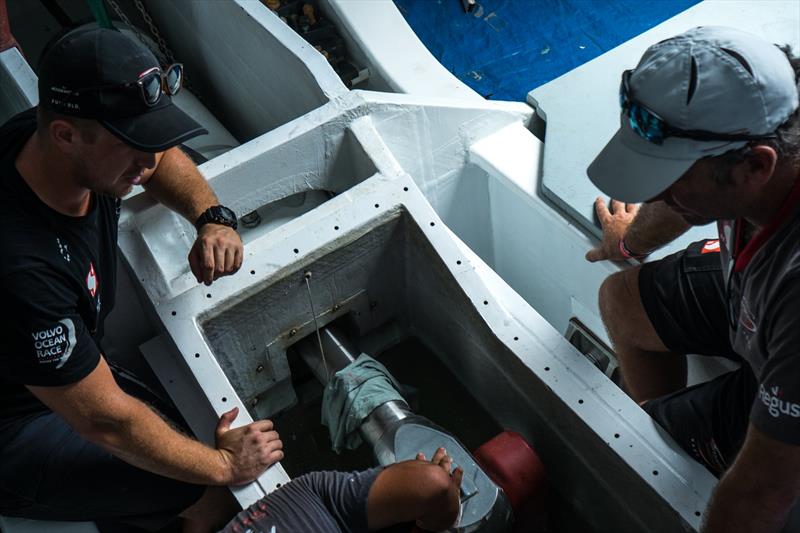 Working on the canting keel ram- Team Scallywag reassembles after refit in Hong Kong, September 2018 - photo © Team Scallywag