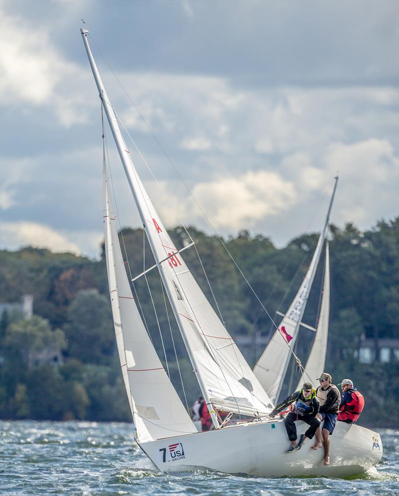 Mark Swift (left), Tim Siemers and skipper Michael Hanson work upwind en route to winning the U.S. Adult Sailing Championship in Wayzata, Minn photo copyright J H Peterson taken at Wayzata Yacht Club and featuring the IRC class