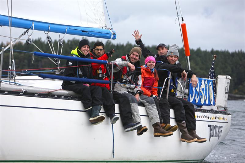 Happy faces on the windward rail during the 2017 Round the County race photo copyright Jan Anderson taken at Orcas Island Yacht Club and featuring the IRC class