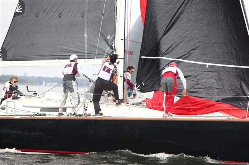 Fordham at the top mark, hoisting their kite on the J/124 Tenebrae. The dinghy sailors learned pretty quickly that this type of boat is much more complex than what they're used to, but many techniques still apply photo copyright Howie McMichael taken at Storm Trysail Club and featuring the IRC class