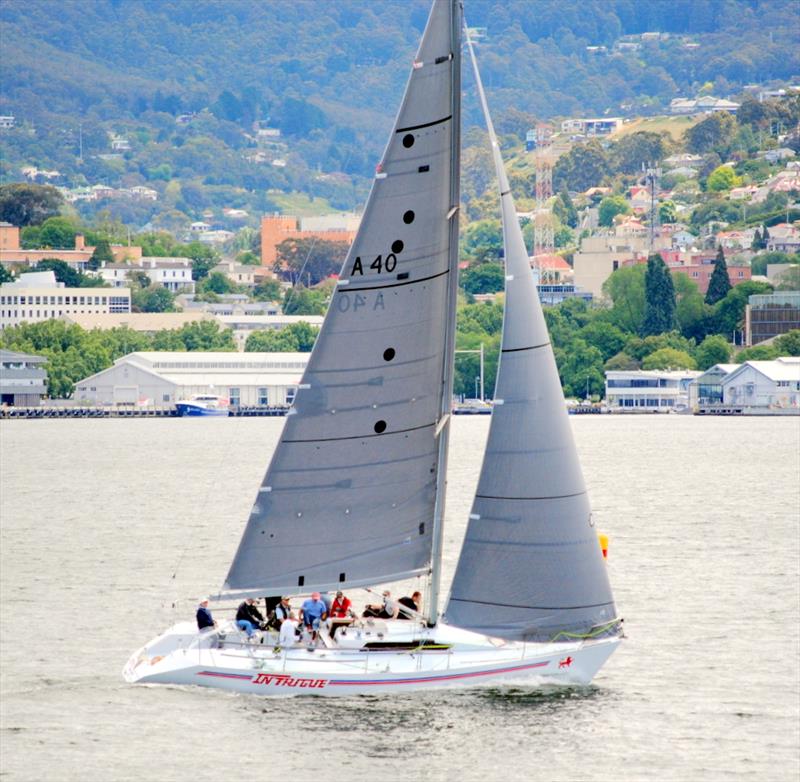 Don Calvert's Intrigue crosses the finish line for a hat-trick of handicap wins photo copyright Peter Campbell taken at  and featuring the IRC class