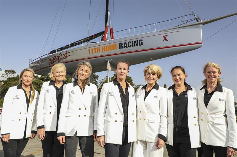 Crew members and the team ambassador gather in front of Wild Oats X in Sydney earlier this morning. From left to right: Jade Cole, Vanessa Dudley, Faraday Brooke Martin, Stacey Jackson, Honorable Julie Bishop, Katie Spithill, and Sue Cafer photo copyright Salty Dingo / Ocean Respect Racing taken at Cruising Yacht Club of Australia and featuring the IRC class