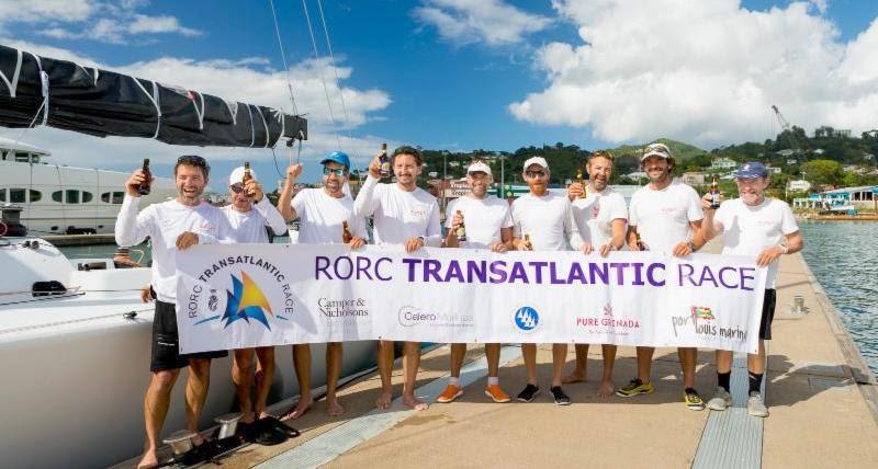 Celebrations in Grenada after completing the RORC Transatlantic Race in an elapsed time of 12 days 5 hrs 34 mins and 35 secs, Franco Niggeler's Cookson 50 Kuka3 is in a strong position to win the RORC Transatlantic Race Trophy  photo copyright RORC / Arthur Daniel taken at Royal Ocean Racing Club and featuring the IRC class