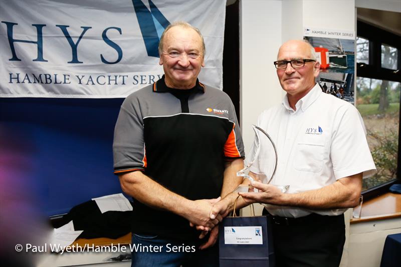 Chaz Ivill accepts the Class 1 trophy in the HYS Hamble Winter Series 2018 photo copyright Paul Wyeth / www.pwpictures.com taken at Hamble River Sailing Club and featuring the IRC class