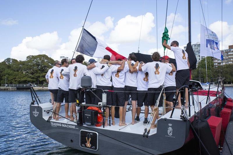 No looking backwards for Teasing Machine crew and their mascot - Rolex Sydney Hobart Yacht Race photo copyright Hamish Hardy CYCA media taken at Cruising Yacht Club of Australia and featuring the IRC class