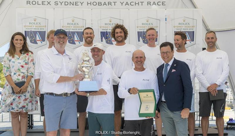 The crew of Alive with owner Philip Turner and skipper Duncan Hine receiving the Tattersall Cup and Rolex timepiece - Rolex Sydney Hobart Yacht Race 2018 photo copyright Rolex / Studio Borlenghi taken at Cruising Yacht Club of Australia and featuring the IRC class