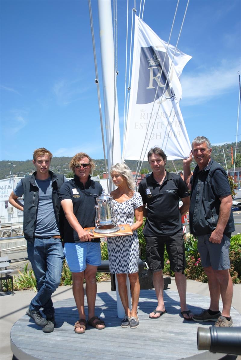 Skipper Shaun Tiedemann and some of his winning crew of Philosopher - 2018 Riversdale Estate Wines Launceston to Hobart Race photo copyright Peter Campbell taken at Derwent Sailing Squadron and featuring the IRC class