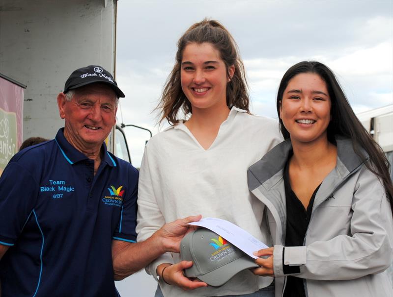 BYC Commodore Graham Mansfied presents their prize to 29er sailors Dervla Duggan and Alice Buchanan - Crown Series Bellerive Regatta - photo © Peter Campbell