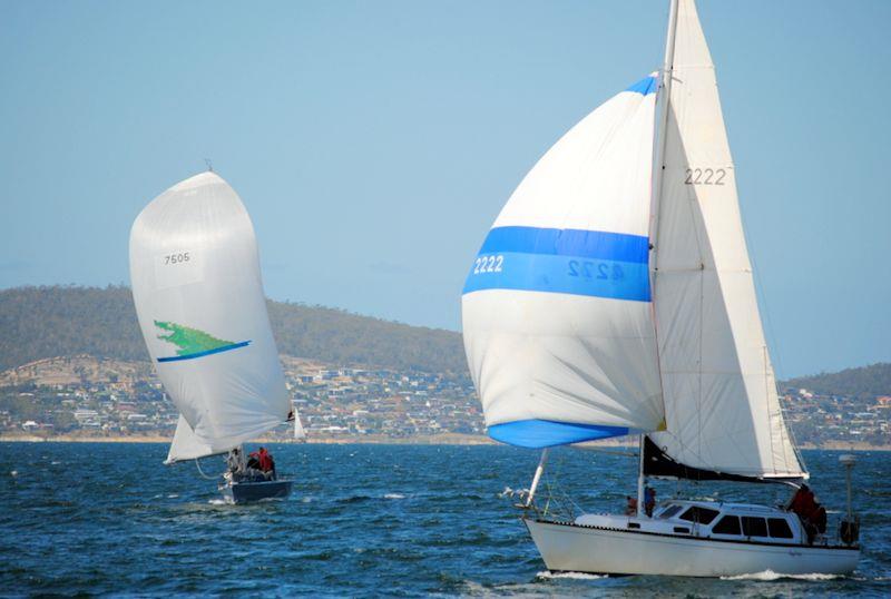 Heatwave (DIv 1) and Ingenue (Div 4) take a different angle as they near the finish - Hobart Combined Clubs Summer Pennant race 7 photo copyright Peter Campbell taken at Derwent Sailing Squadron and featuring the IRC class