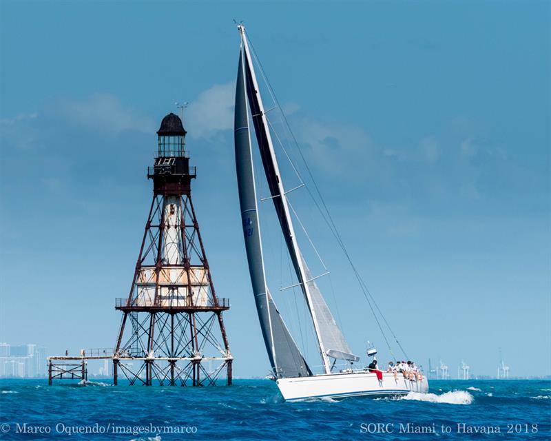 Todd White's White Rhino passes Fowey Rocks Lighthouse photo copyright Miami to Havana Race taken at  and featuring the IRC class