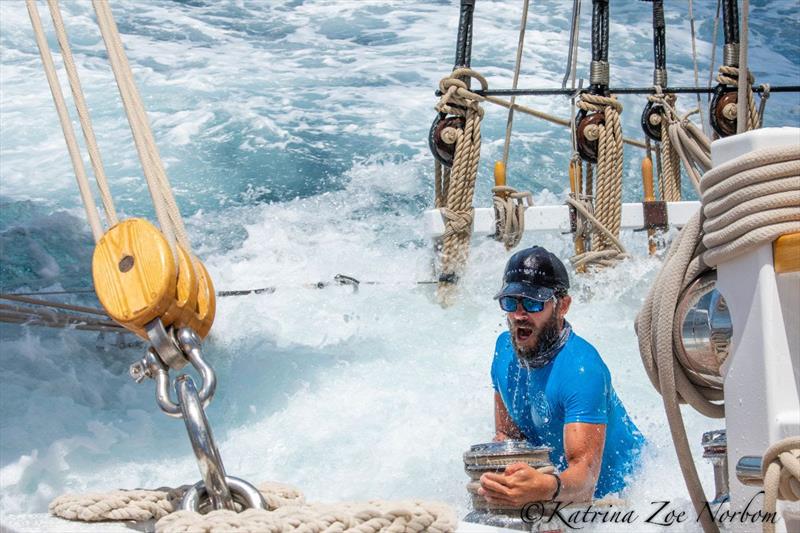 The crew of 32 had a wet ride on 141' schooner Columbia today - Antigua Classic Yacht Regatta photo copyright Katrina Zoe Norbom taken at Antigua Yacht Club and featuring the IRC class
