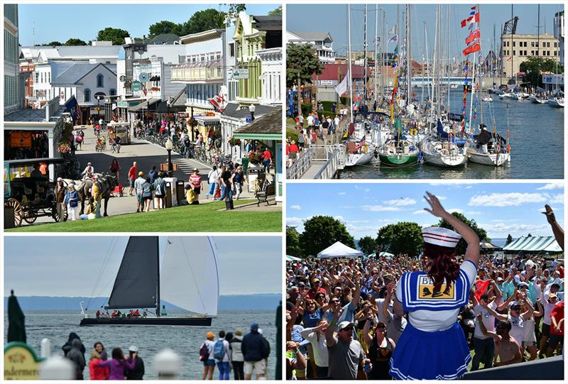 Clockwise from lower left: Finish at Mackinac Island, downtown Mackinac, Friday night Boat Night on the Black River, Awards Party at Mackinac Island's Grand Hotel. - photo © Martin Chumiecki / Bayview Yacht Club