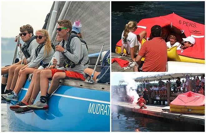 The Swan 48 Dreamcatcher (left) from Mystic, Conn. won the Youth Trophy in IRC at the 2018 Ida Lewis Distance Race. Scenes (right) from the 2018 Junior Safety@Sea Seminar: Companies such as Life Raft & Survival are very generous with their products & time - photo © Michele Almeida / Joe Cooper