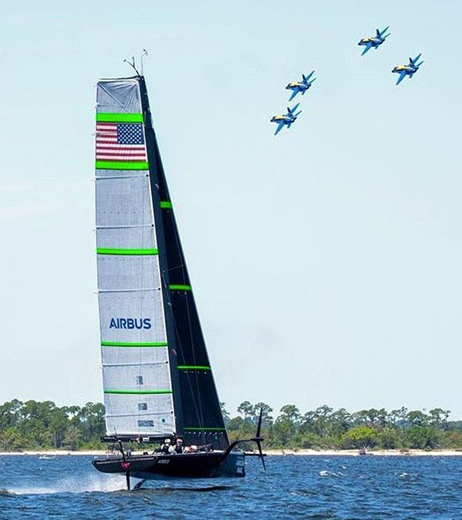 Sharing airspace, the US Navy Blue Angels and NYYC American Magic's MULE  train together, flying high and low above Pensacola Bay photo copyright Will Ricketson / Americam Magi taken at Pensacola Yacht Club and featuring the IRC class