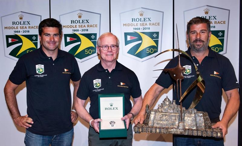 Géry Trentesaux and the crew of Courrier Recommandé, winners of the 2018 Rolex Middle Sea Race Trophy photo copyright Rolex / Kurt Arrig taken at Royal Malta Yacht Club and featuring the IRC class