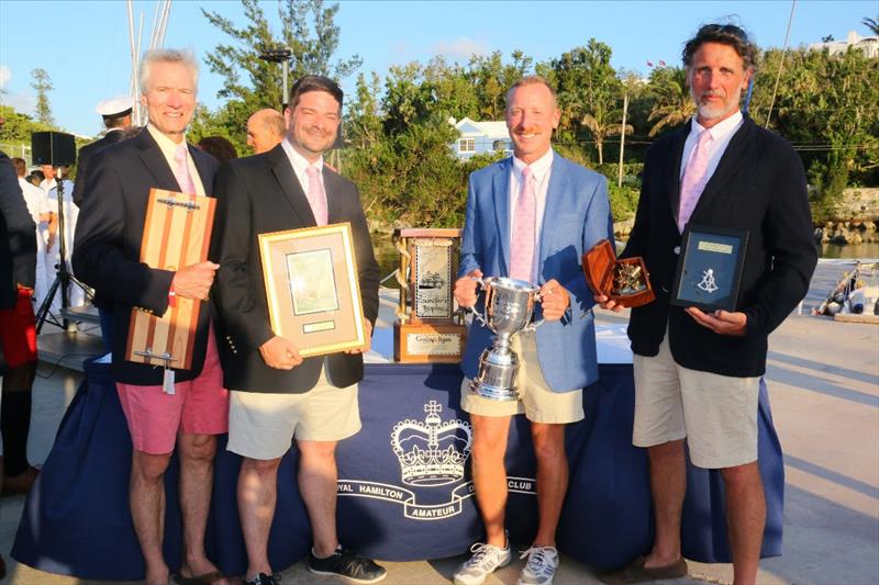 Chip Bradish and his crew from Selkie— Max Mulhern (Navigator), George Dyroff (Watch Captain) and Peter Sidewater (Crew) show off their 2017 winnings. Selkie was the smallest boat in the race and was sailed using only celestial navigation winning the Beve photo copyright Spectrum Photo / Fran Grenon taken at Beverly Yacht Club and featuring the IRC class