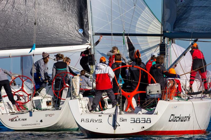 Clockwork closes in on Ocean Respect Racing - 2019 Australian Women's Keelboat Regatta photo copyright Bruno Cocozza / AWKR taken at Royal Melbourne Yacht Squadron and featuring the IRC class