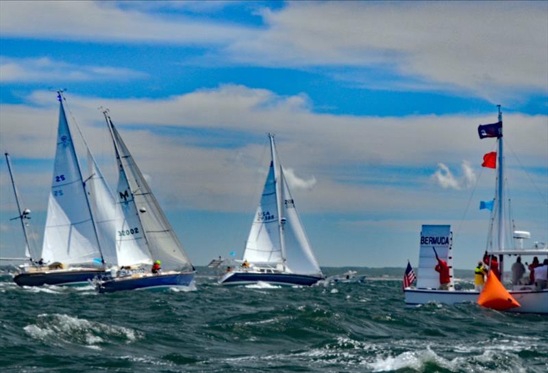 Frolic, sailed by a crew of four with Beverly Yacht Club past Commodore Ray Cullum at the helm got the best start in Class D. The Dixon 44 from Marion MA dug hard for the Eastern shore of the Bay - photo © Talbot Wilson