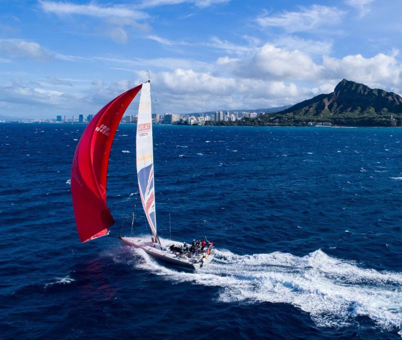 Quentin Stewart's Infinity 46r Maverick on high speed finish at Diamond Head. They were pacing Max Klink's Botin 65 Caro - 19 feet longer - boat for boat on final approach - Transpac 50 photo copyright Ronnie Simpson / Ultimate Sailing taken at Transpacific Yacht Club and featuring the IRC class