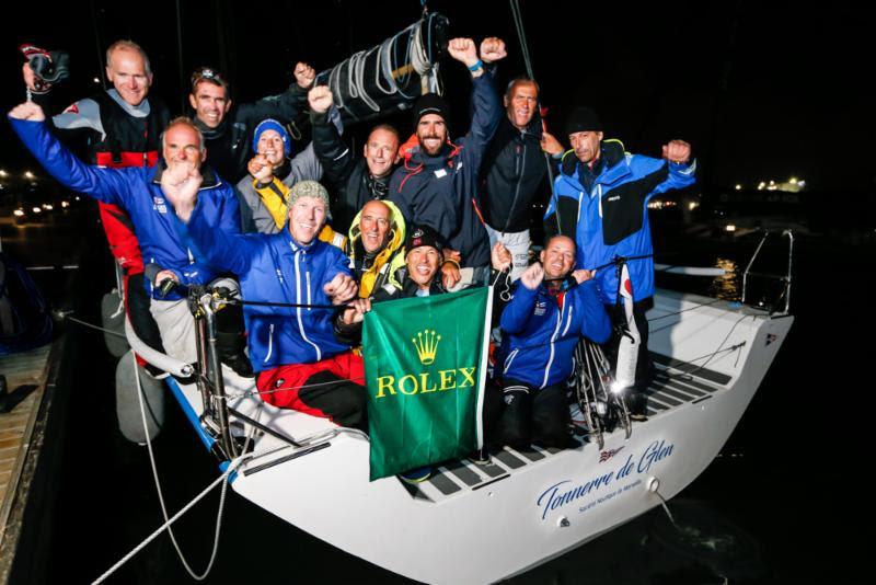 The crew on Tonnerre de Glen celebrate dockside in Plymouth Yacht Haven - Rolex Fastnet Race 2019 photo copyright Paul Wyeth / RORC taken at Royal Ocean Racing Club and featuring the IRC class