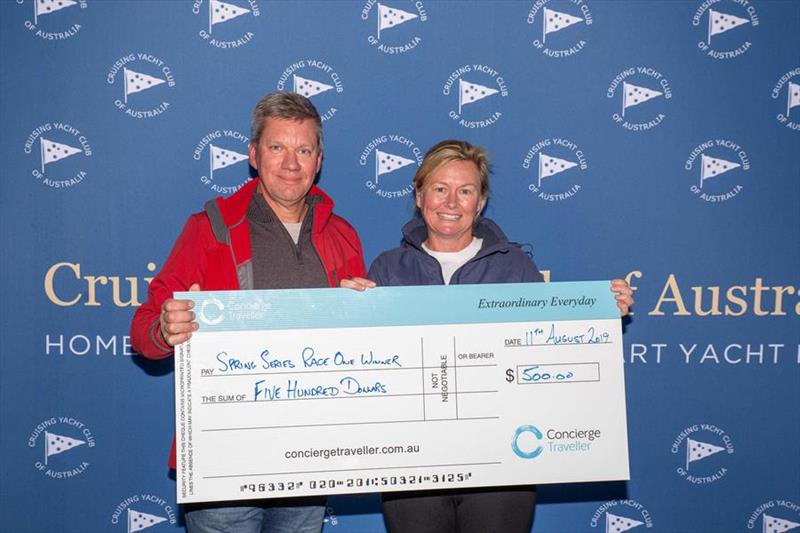 David Greenland, Managing Director Concierge Traveller, presenting Beth Abbott, skipper of Rapid Transit, the Concierge Traveller voucher and first place in Division 2 of Race 1 of the Concierge Traveller Spring Series photo copyright Cruising Yacht Club of Australia taken at Cruising Yacht Club of Australia and featuring the IRC class