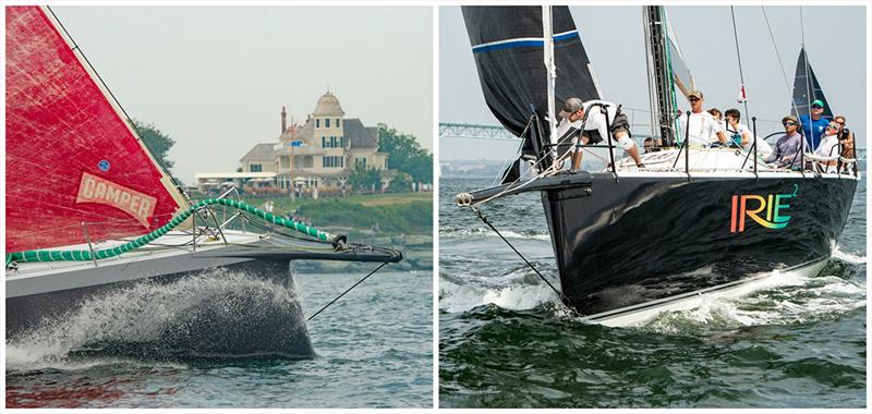 (L) Steve and Stephen Murray's Volvo 70 Warrior passing Castle Hill at the 2018 Ida Lewis Distance Race. (R) Brian Cunha's Ker 55 Irie 2 won PHRF overall in 2018 and this year will attempt to win overall trophies in the PHRF Spinnaker Coronet Division photo copyright Michele Almeida / MISTE Photography taken at Ida Lewis Yacht Club and featuring the IRC class