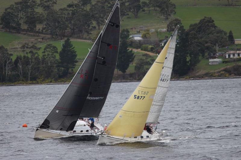 Cock of the Huon winner Cromarty Magellan and Hydrotherapy powering to windward off Port Huon photo copyright Peter Watson taken at Derwent Sailing Squadron and featuring the IRC class