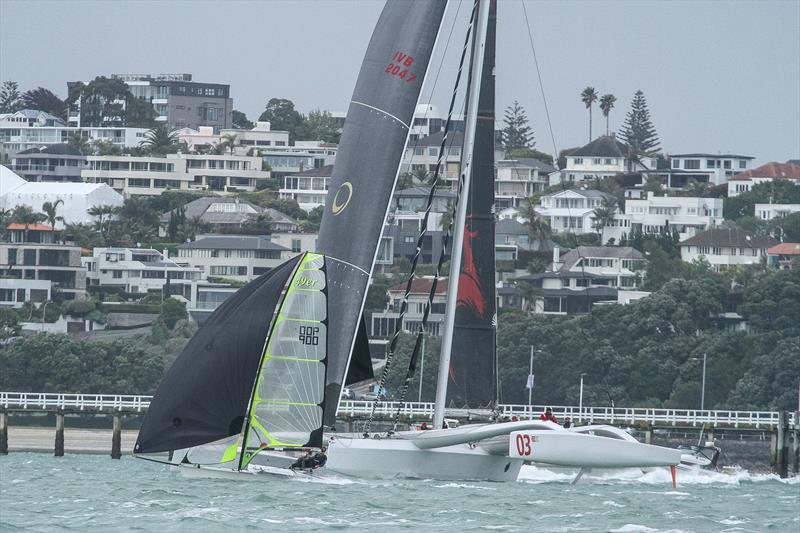A 49er exercises starboard tack rights over an MOD70 Beau Geste - PIC Coastal Classic - Start - Waitemata Harbour - October 25, - photo © Richard Gladwell, Sail-World.com / nz