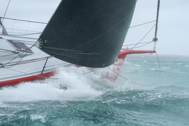 Miss Scarlett pushes through the rain squall - PIC Coastal Classic - Start - Waitemata Harbour - October 25, 2019 photo copyright Richard Gladwell / Sail-World.com taken at New Zealand Multihull Yacht Club and featuring the IRC class