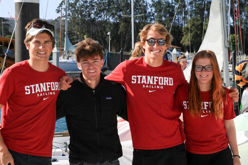 At the docks of St. Francis Yacht Club, four members of the Stanford University varsity sailing team pose prior to their victory at the 16th annual Big Sail regatta. From left: Jack Parkin, Wiley Rogers, Jacob Rosenberg, Victoria Thompson photo copyright Chris Ray / St. Francis Yacht Club taken at St. Francis Yacht Club and featuring the IRC class